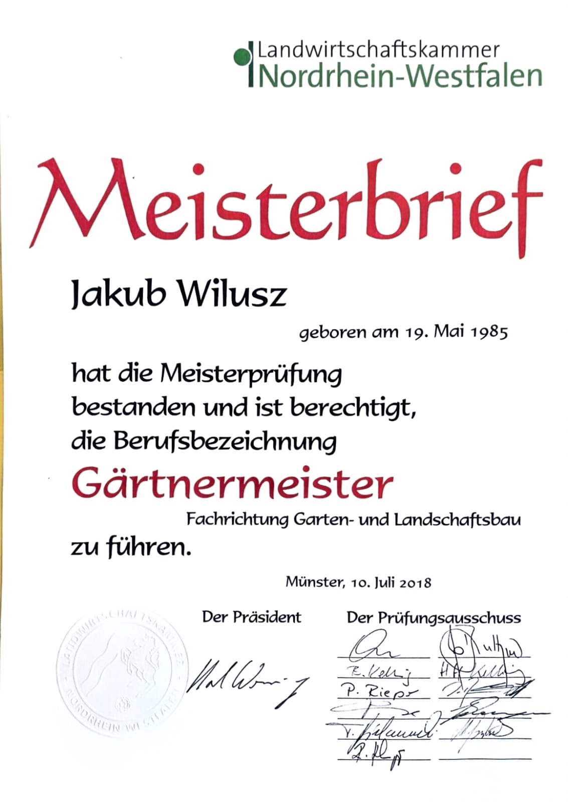 Meinsterbrief Jakub Wilusz Duesseldorf Gaertnermeister